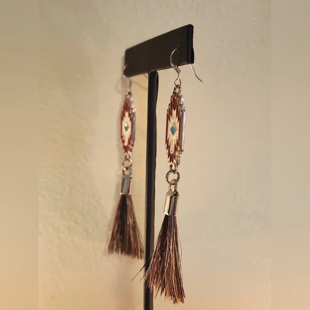 NWOT Southwestern Silver + Brown Tassel Earrings